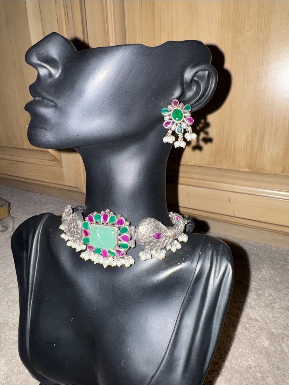 Green and Pink Stone Choker Necklace with Matching Earrings